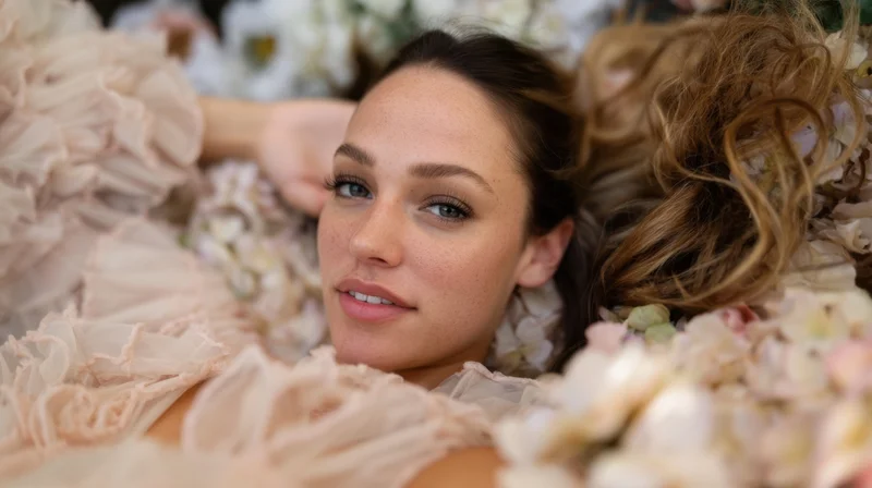 Woman in a ruffled bridal gown surrounded by flowers, smiling softly at the camera