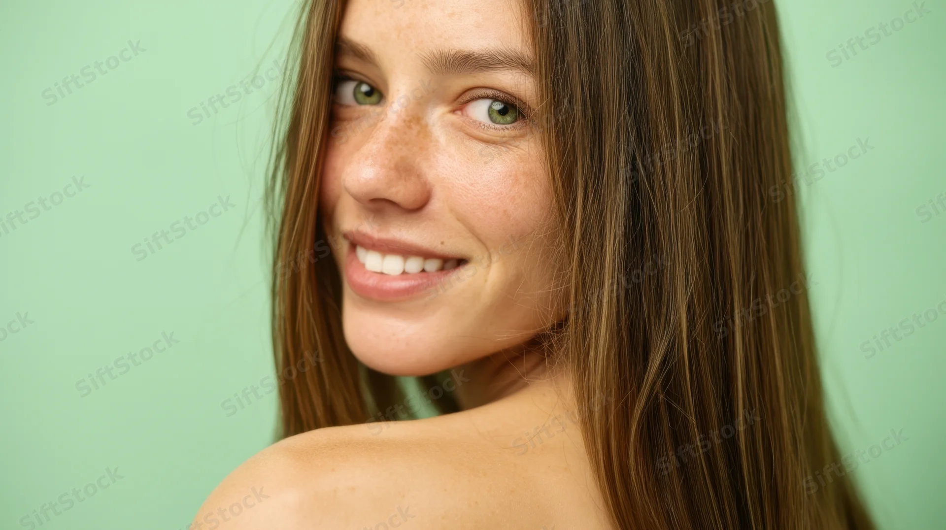 Young woman smiling at camera in studio portrait with bare shoulders and long brown hair against green background