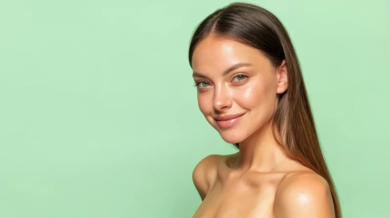 Young woman with smooth skin and long brown hair smiling softly in studio against green background