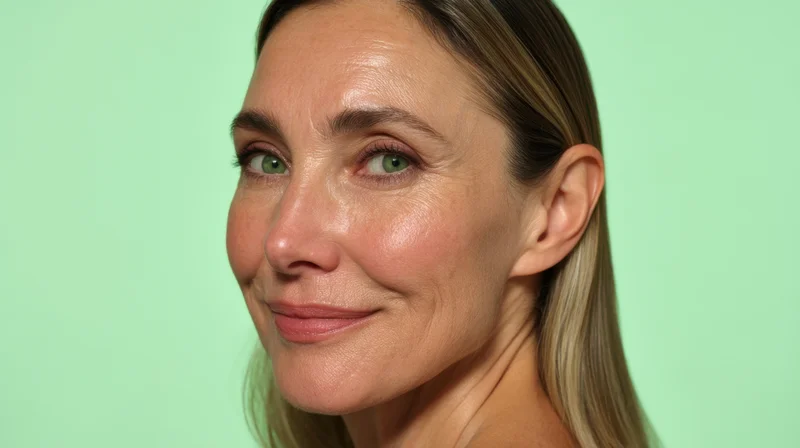 Closeup portrait of a smiling woman with green eyes and blonde hair against a mint green background