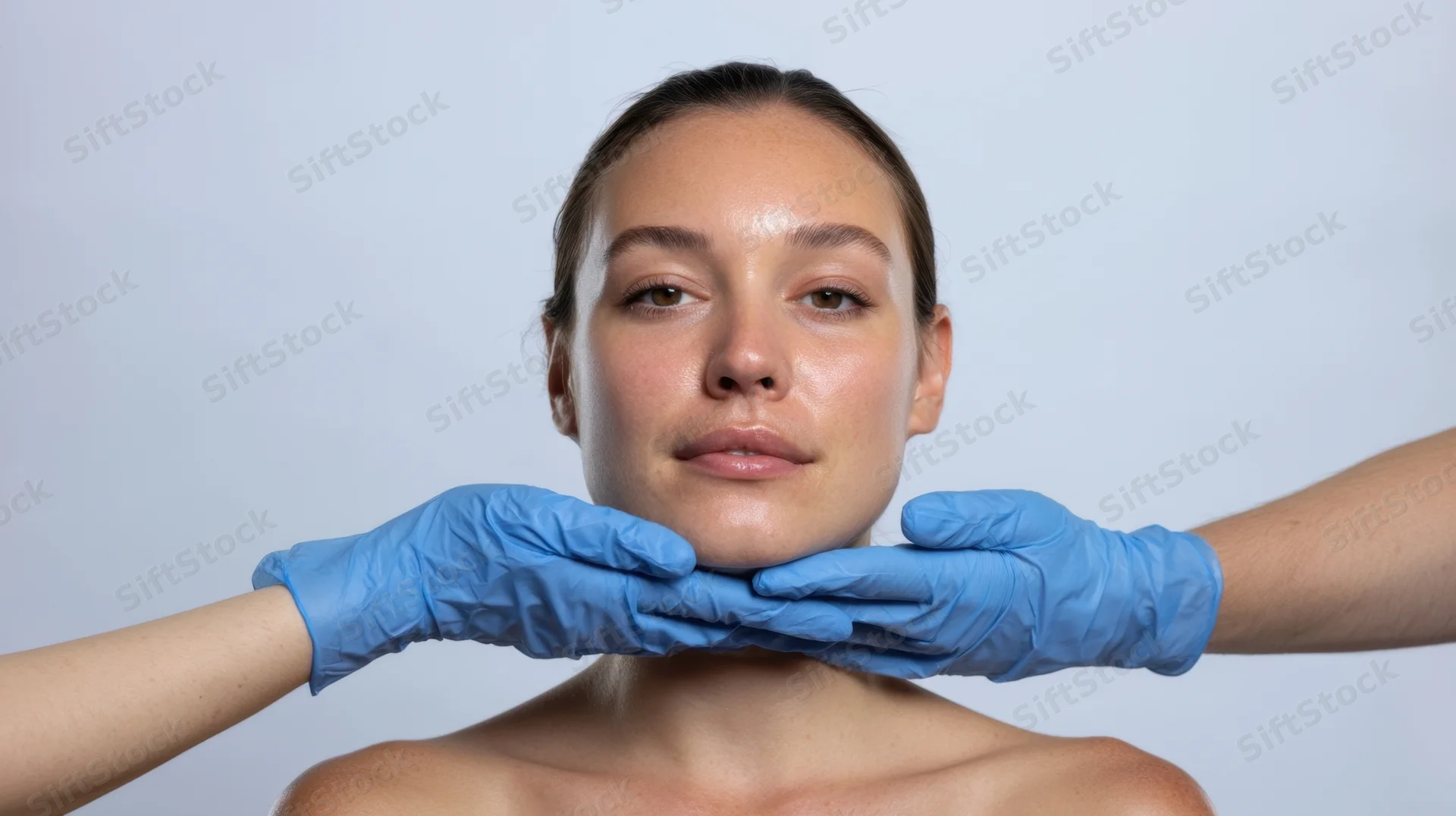 Woman receiving facial skincare treatment with gloved hands supporting her jaw in a clinical setting