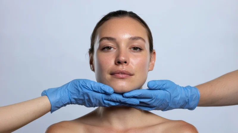 Woman receiving facial skincare treatment with gloved hands supporting her jaw in a clinical setting