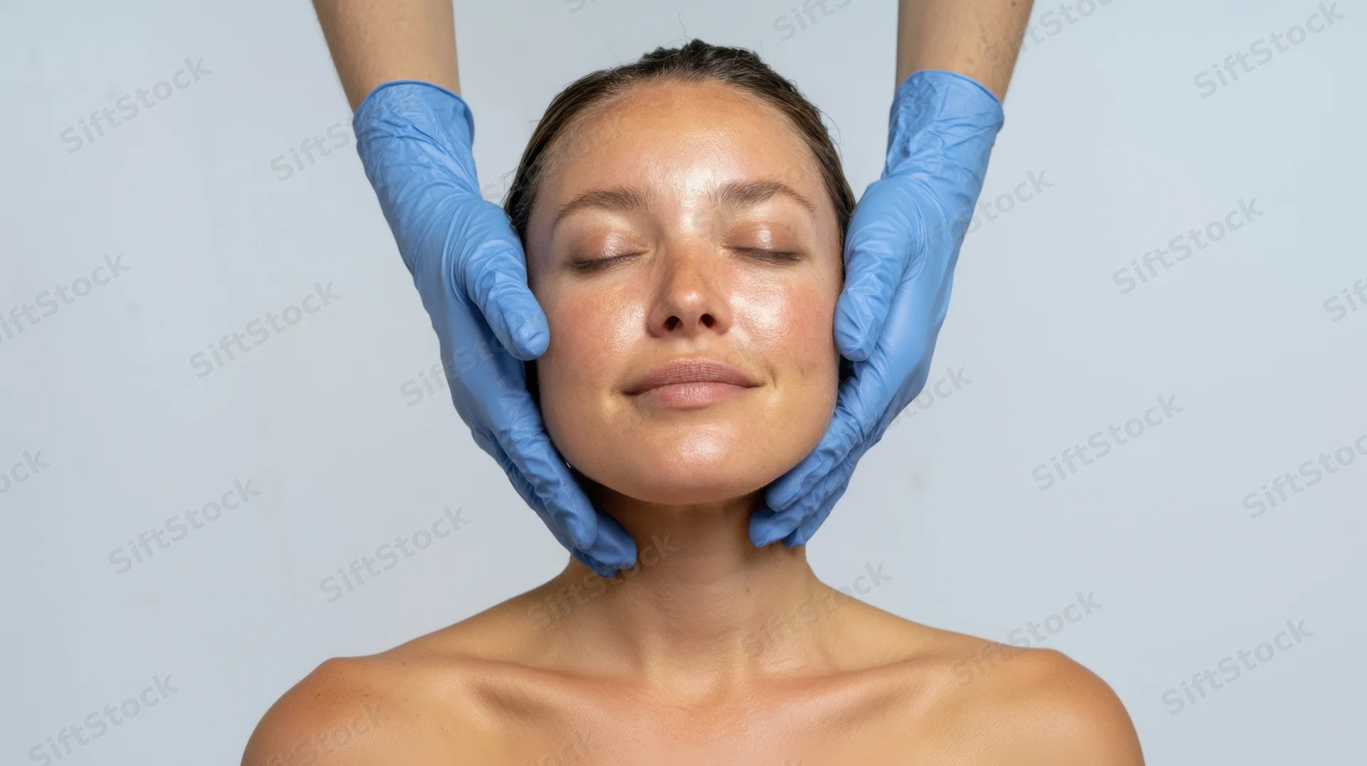 Woman receiving facial treatment with gloved hands on her face in a clinic setting