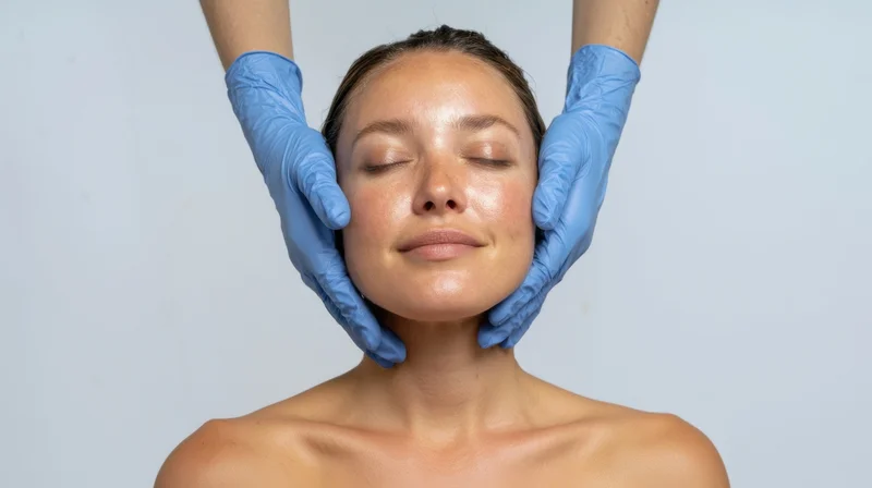 Woman receiving facial treatment with gloved hands on her face in a clinic setting