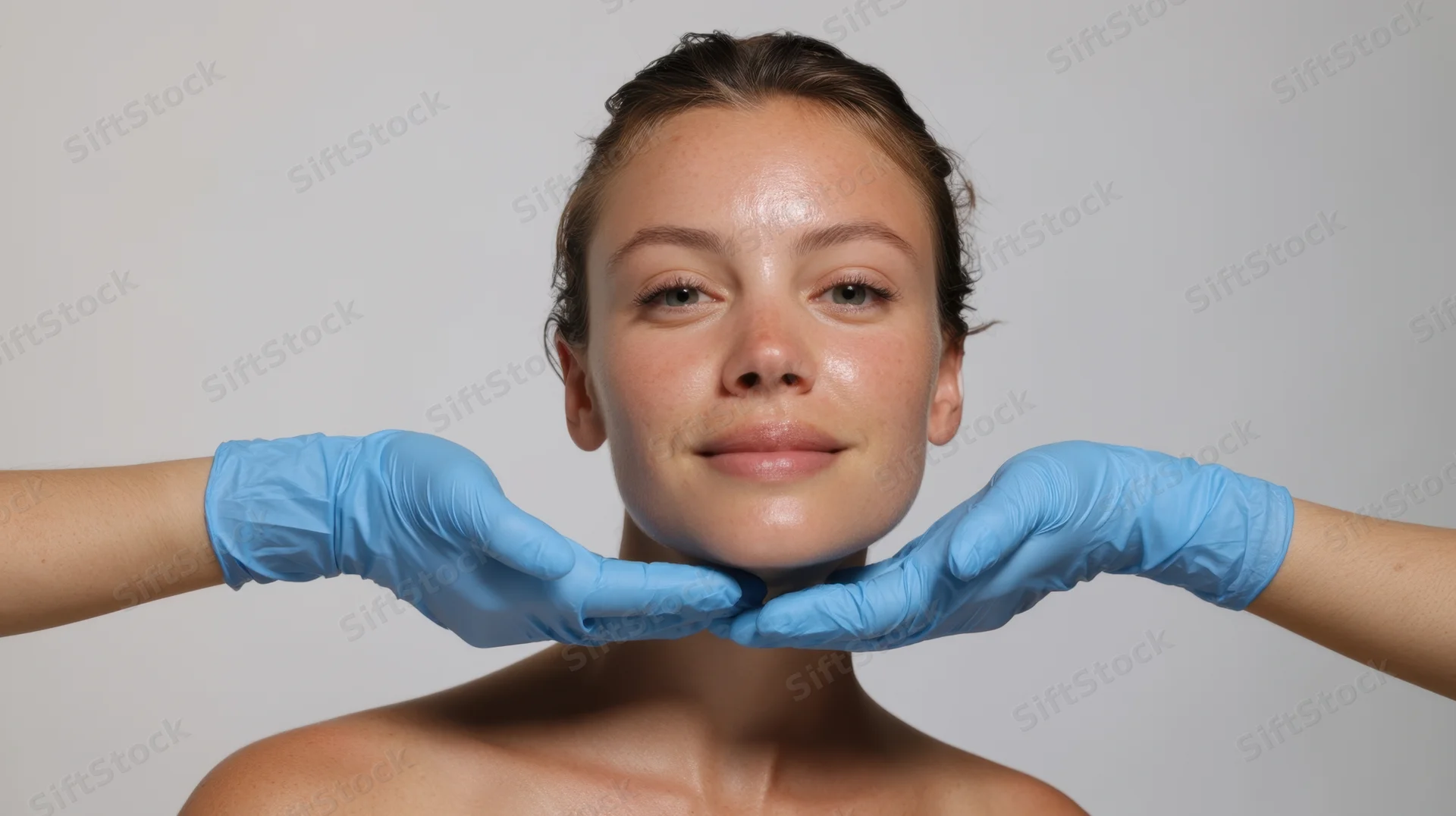 Woman receiving facial skincare treatment with gloved hands supporting her jaw in a clinical studio setting