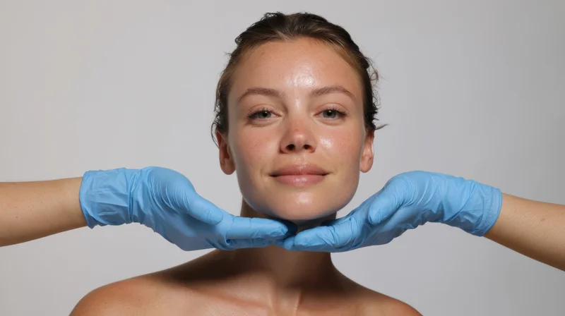 Woman receiving facial skincare treatment with gloved hands supporting her jaw in a clinical studio setting
