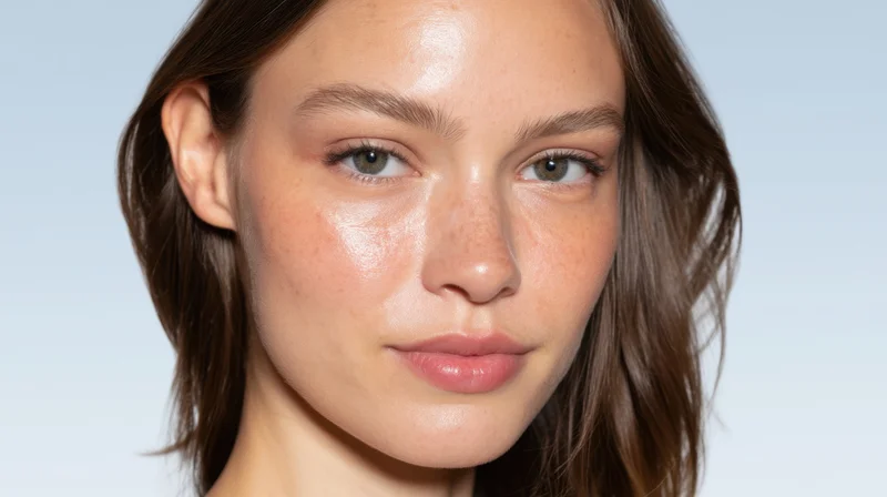 Closeup portrait of a young woman with natural glowing skin and freckles against a white background