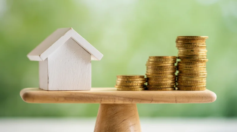 Small white house model and stacks of coins on wooden balance scale against green background