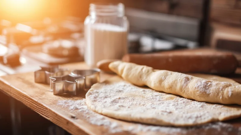 Dough being rolled out on a wooden table with cookie cutters and milk jar nearby