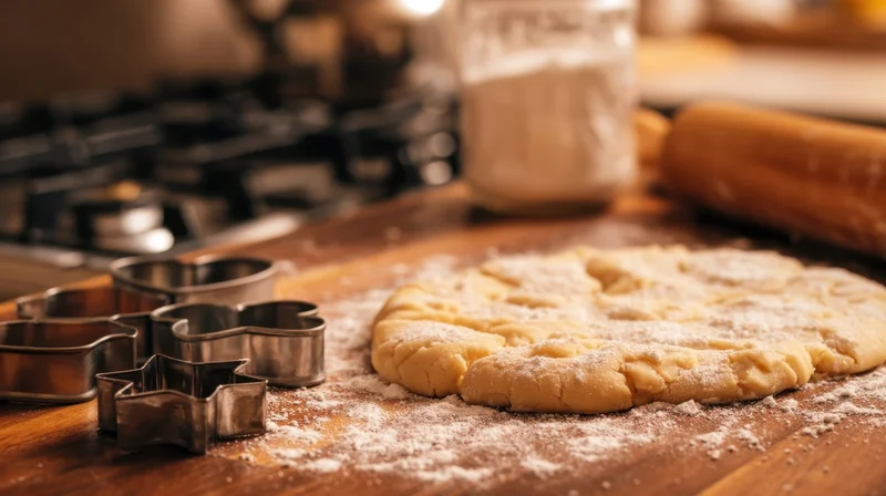 Flattened dough dusted with flour on a wooden countertop beside metal cookie cutters and a rolling pin in a kitchen