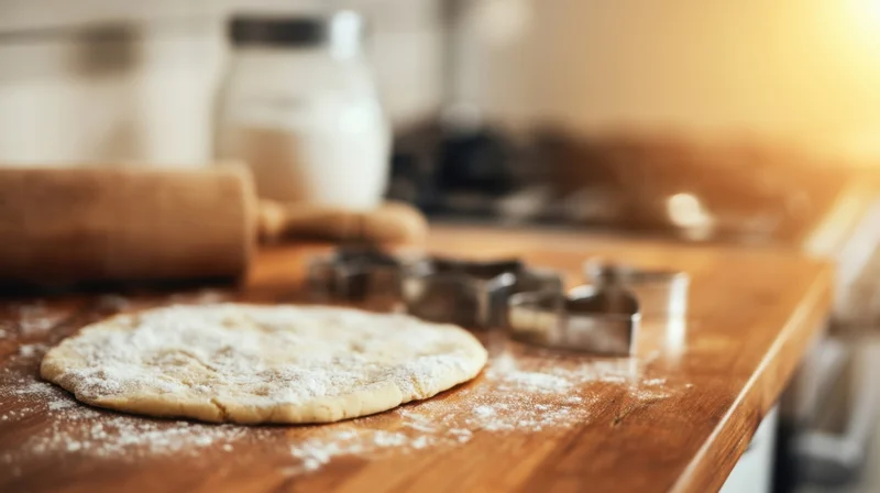 Round dough dusted with flour on wooden countertop with cookie cutters and rolling pin nearby