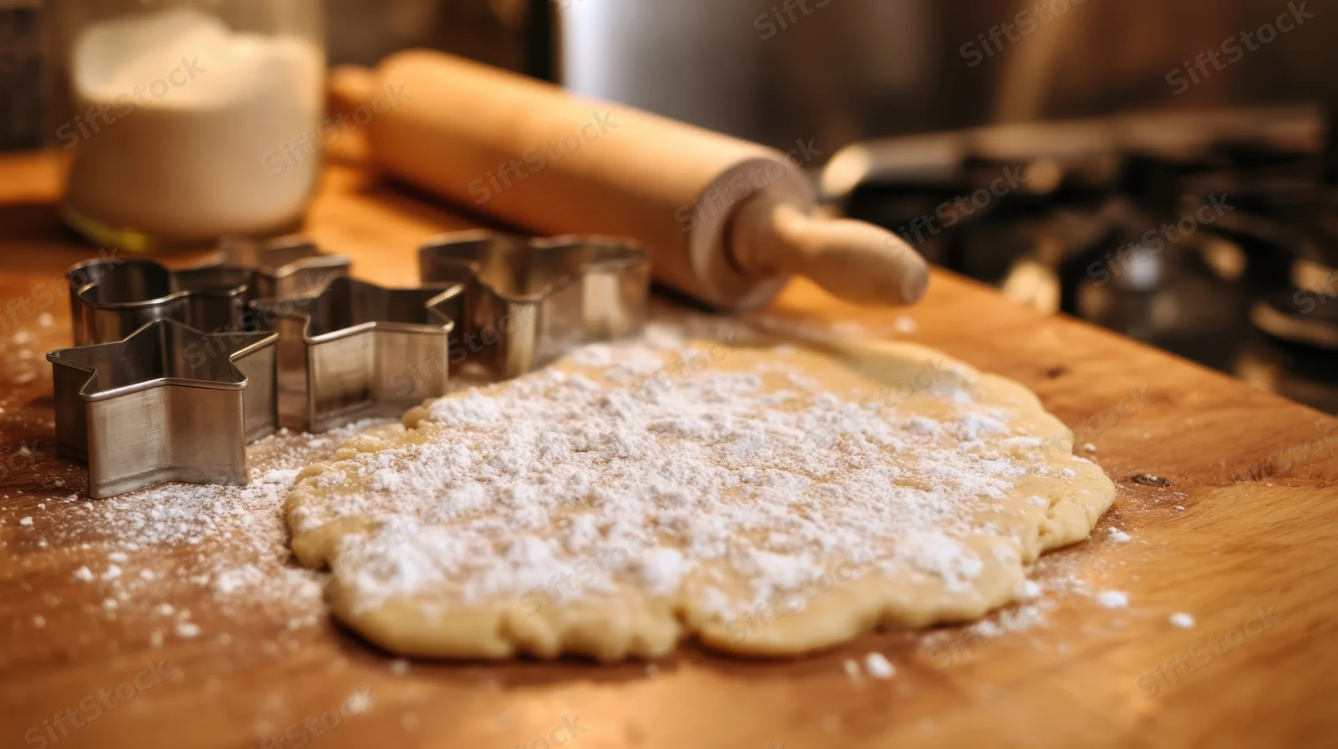 Cookie dough dusted with flour on wooden countertop with star-shaped cutters and rolling pin nearby