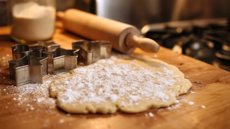 Cookie dough dusted with flour on wooden countertop with star-shaped cutters and rolling pin nearby