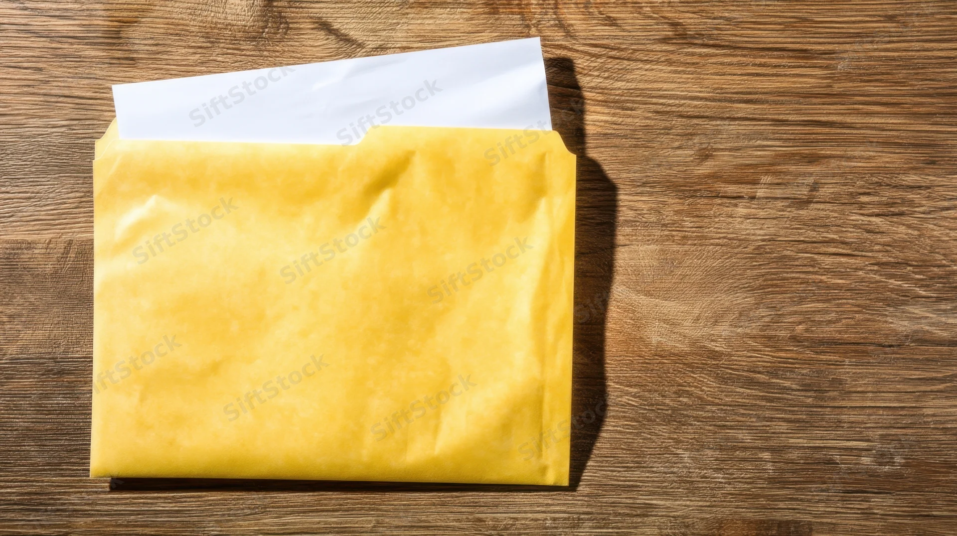 Yellow envelope with white paper peeking out on wooden surface