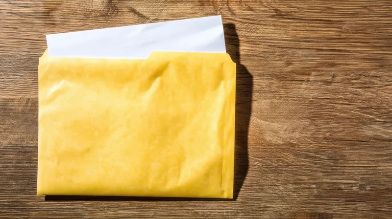 Yellow envelope with white paper peeking out on wooden surface