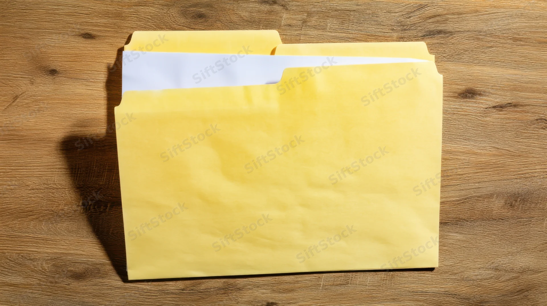 Yellow envelope with white paper inside lying on wooden table surface
