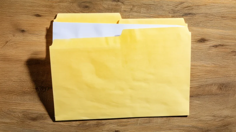 Yellow envelope with white paper inside lying on wooden table surface