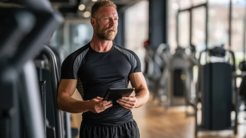 Muscular man holding tablet while standing in gym