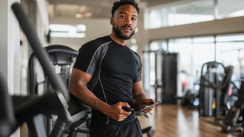 Young man in gym holding tablet and smartphone, standing near treadmill