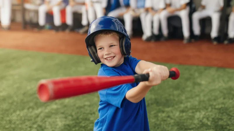 Young boy swinging a red baseball bat on a grass field during a youth game