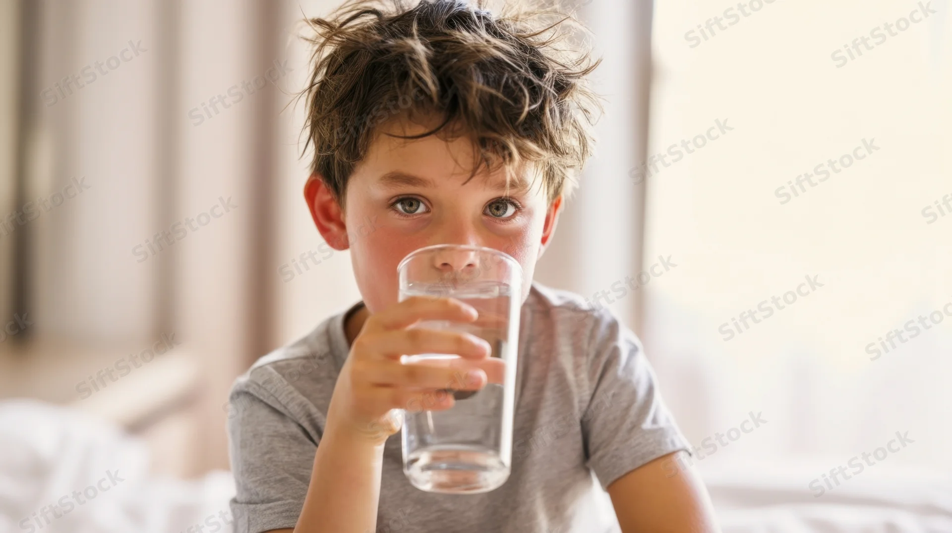 Young boy drinking water from a glass in a bedroom