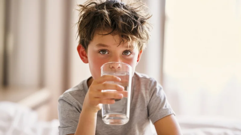 Young boy drinking water from a glass in a bedroom
