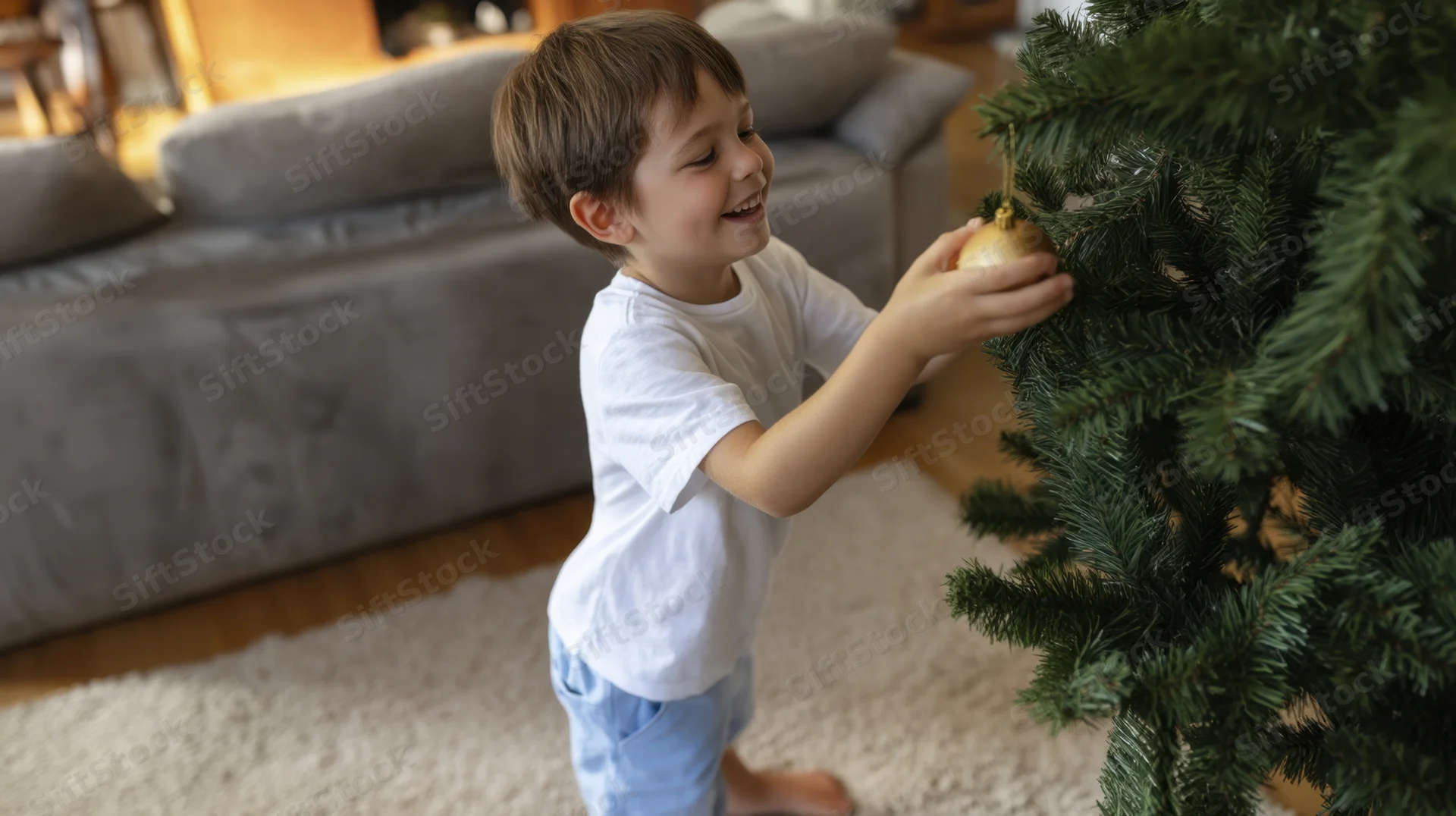 Young boy smiling while placing a golden ornament on a christmas tree in a living room