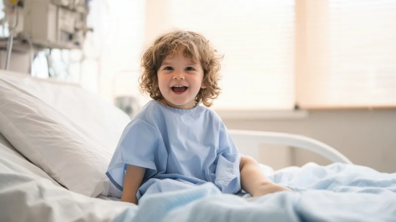 Young child smiling in a hospital bed wearing a blue gown