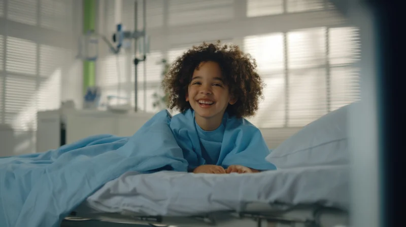 Young girl smiling in hospital bed under blue blanket near window