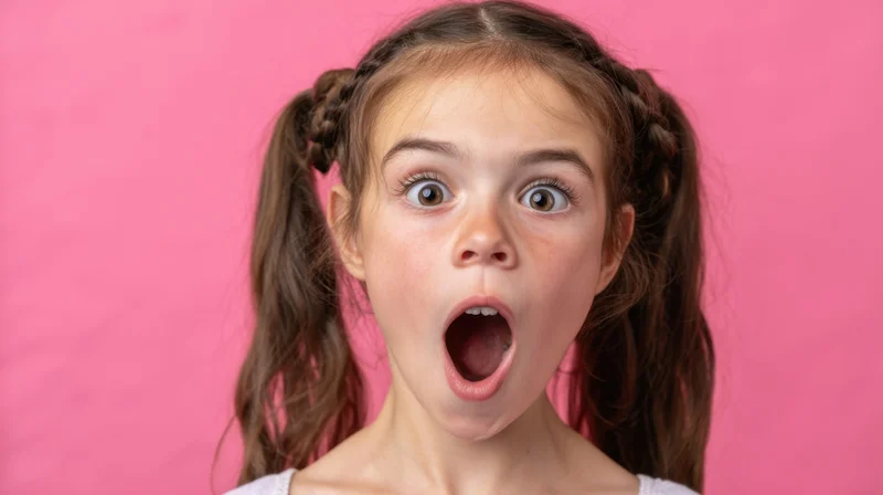Young girl with wide eyes and open mouth showing surprised expression against pink background