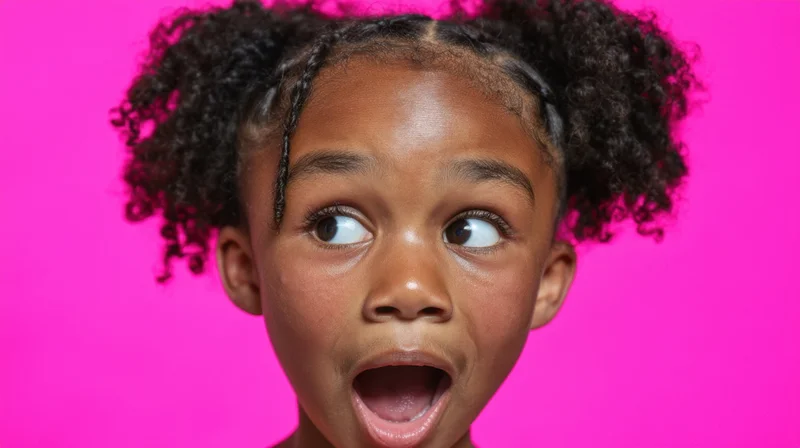 Young girl with wide eyes and open mouth against a bright pink background