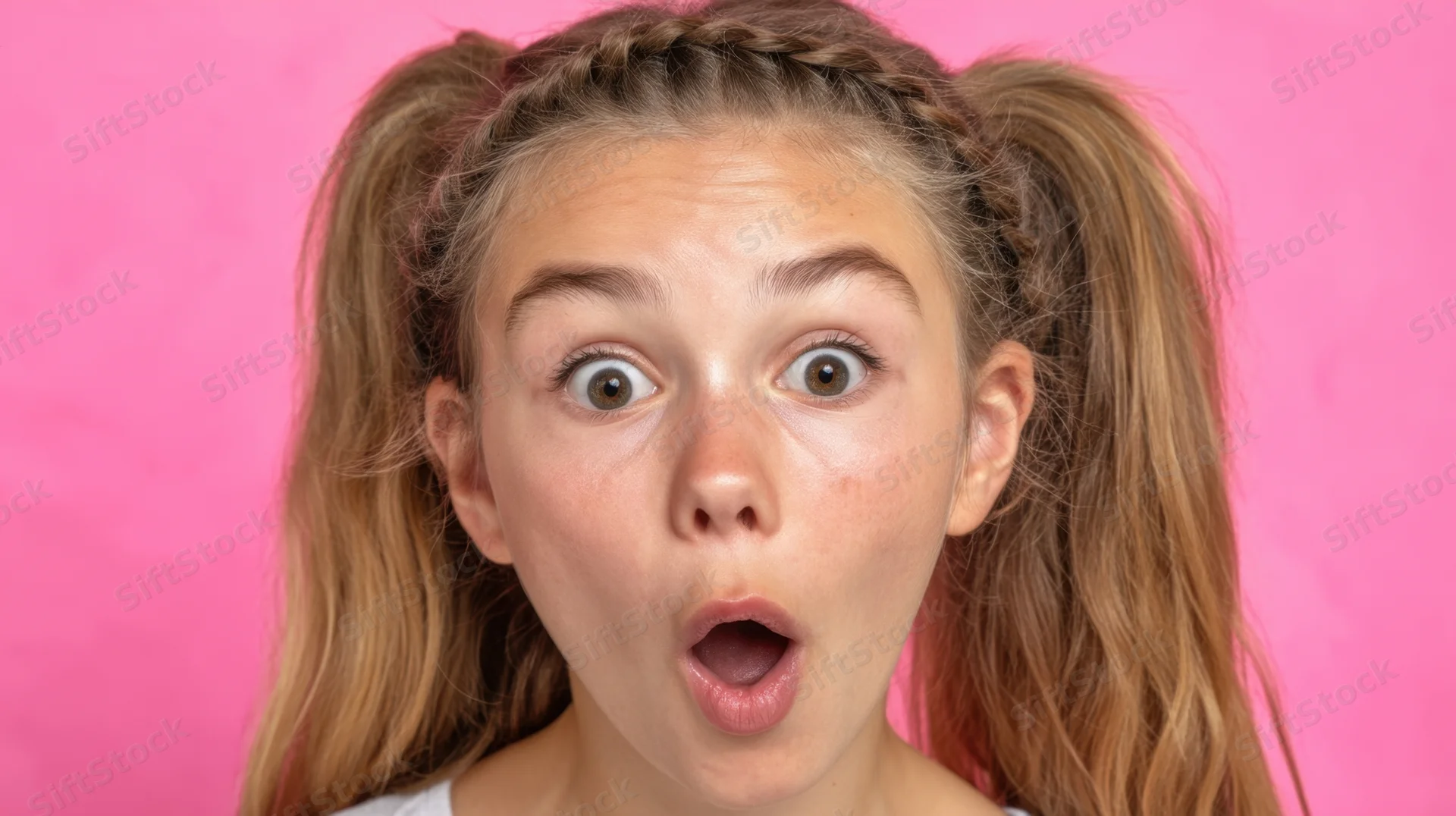 Young girl with wide eyes and open mouth showing surprised expression against pink background