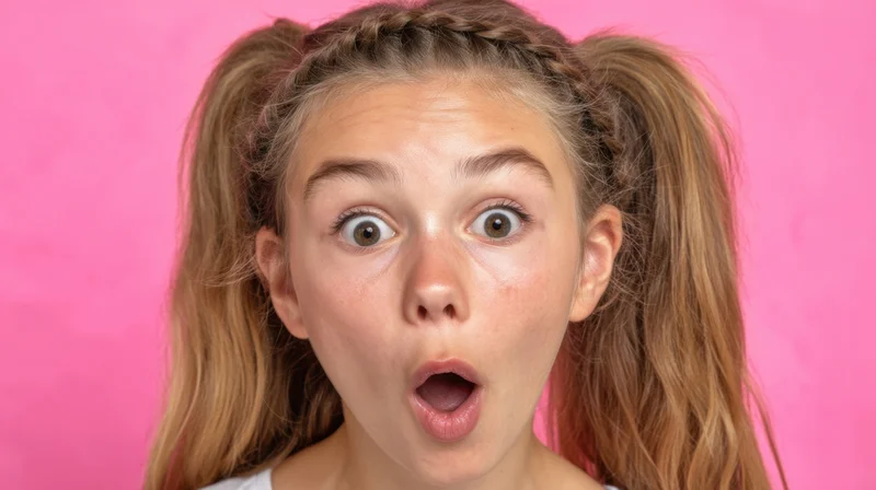 Young girl with wide eyes and open mouth showing surprised expression against pink background
