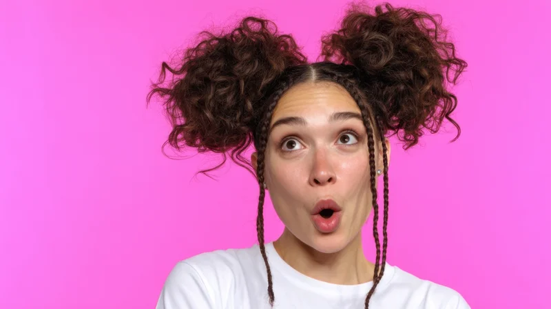 Young woman with curly pigtails and braids making a surprised expression against a pink background