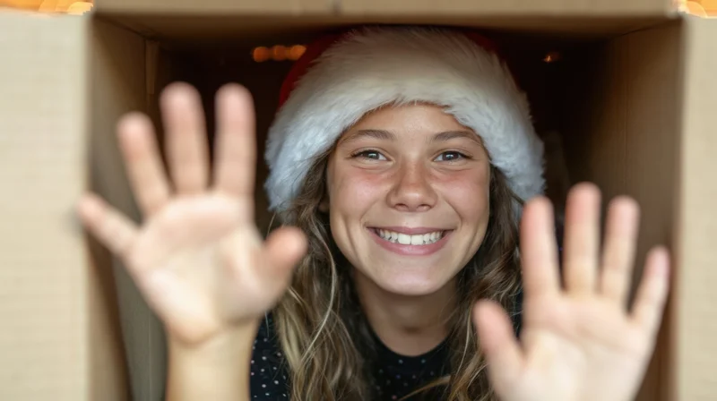 Young girl smiling and waving from inside a cardboard box wearing a santa hat