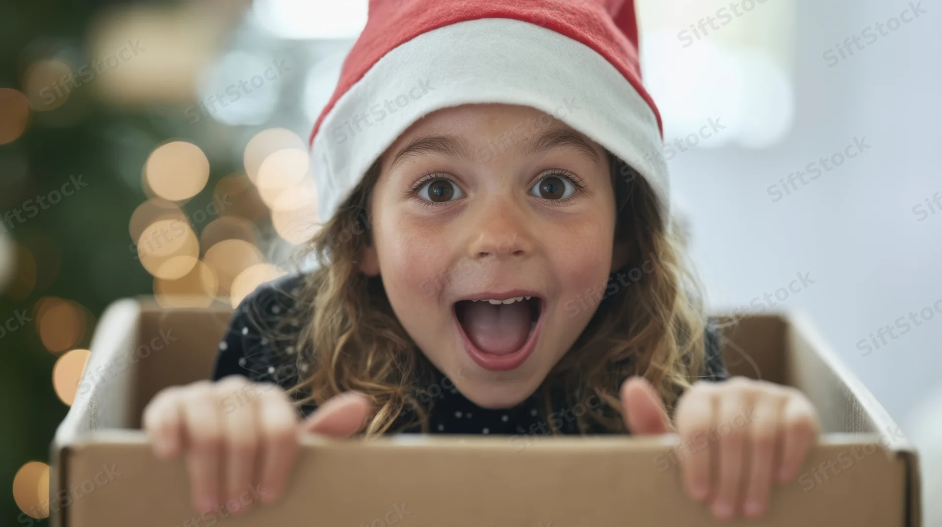 Young girl in santa hat peeking from cardboard box with excited expression indoors near christmas tree