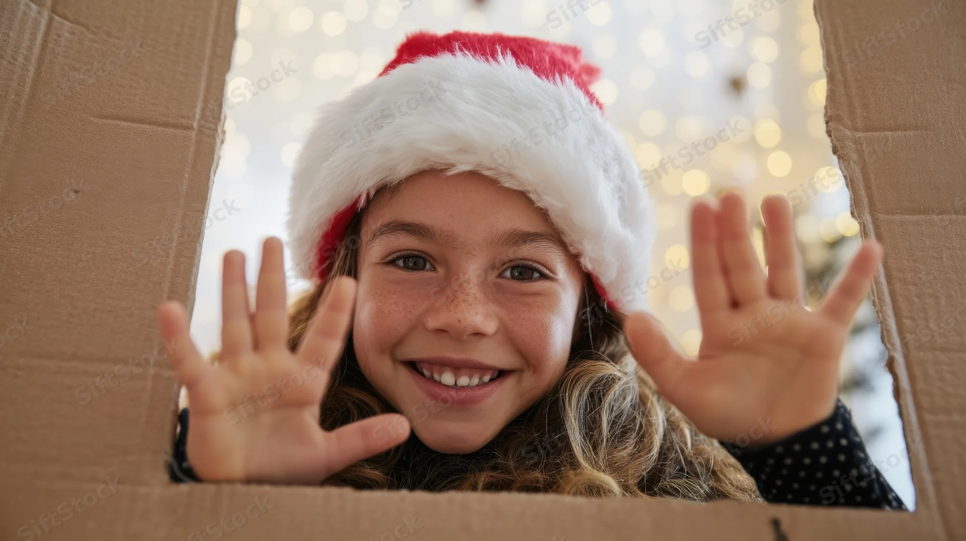 Young girl smiling and waving from inside a cardboard box wearing a santa hat with festive lights behind her