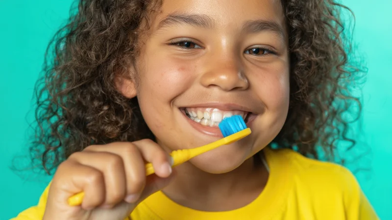 Young girl smiling while brushing her teeth against a turquoise background