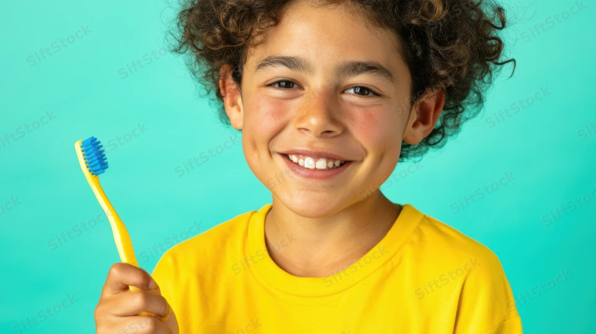 Smiling boy holding a toothbrush in front of a turquoise background