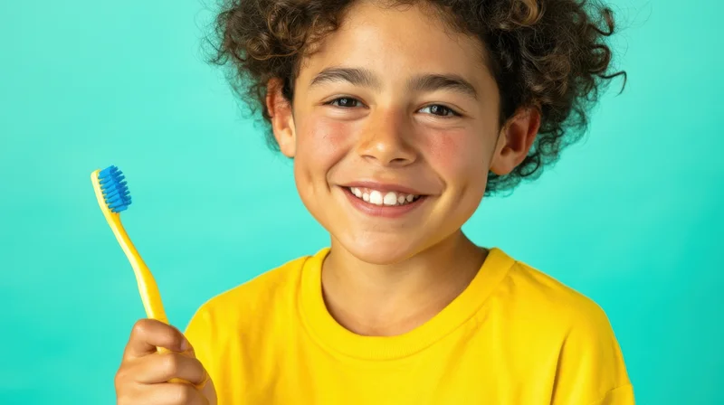 Smiling boy holding a toothbrush in front of a turquoise background