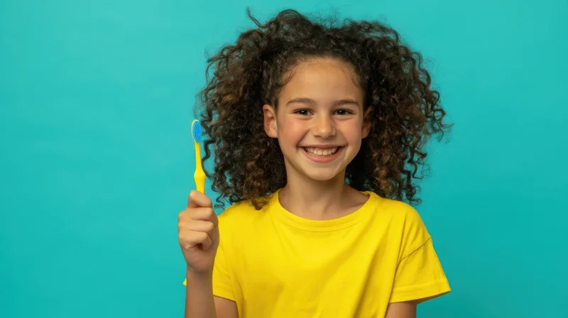 Young girl smiling while holding a toothbrush in front of a blue background