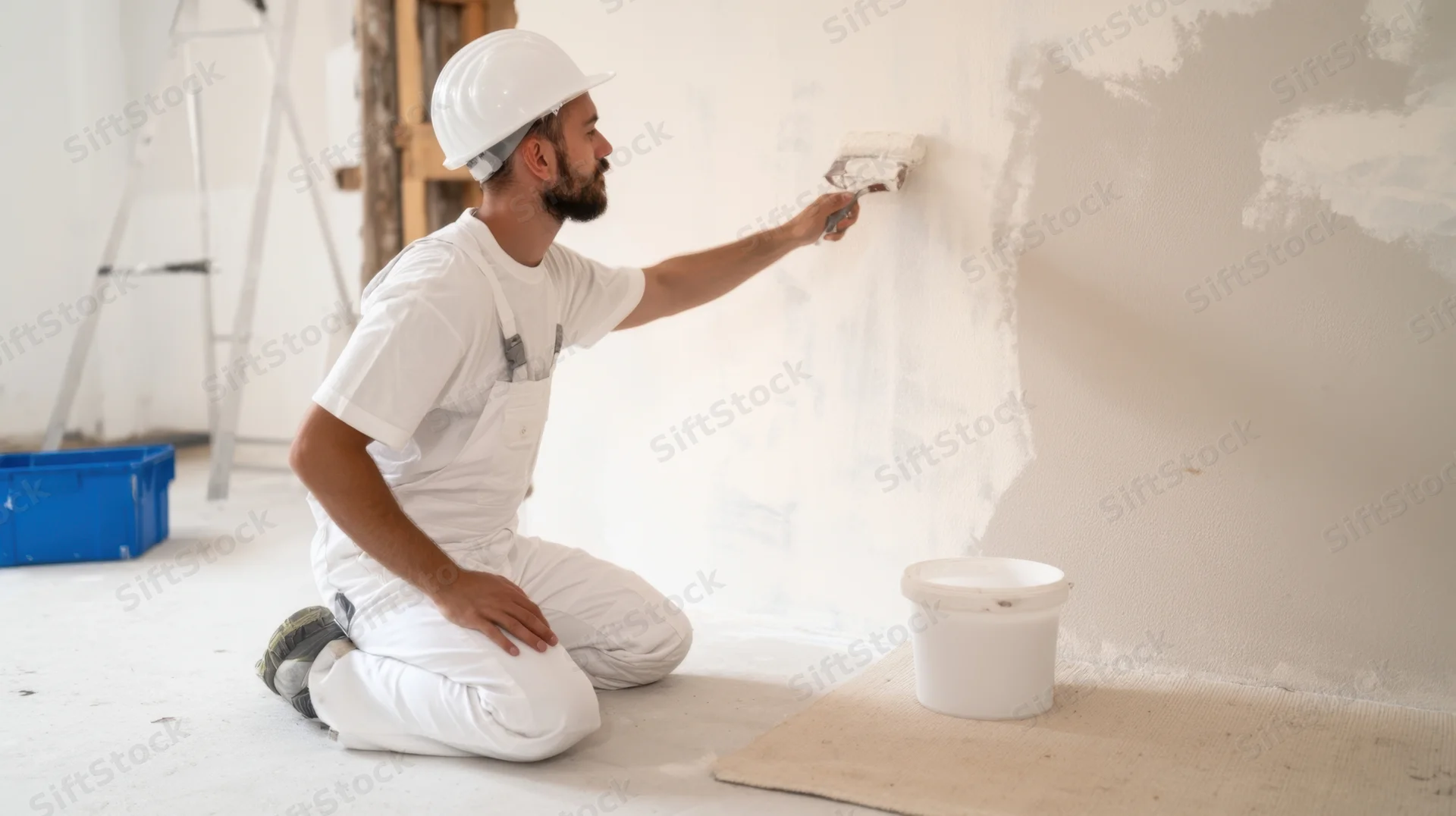 Young man kneeling and applying plaster to a wall during home renovation