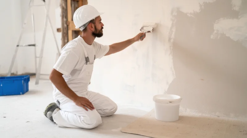 Young man kneeling and applying plaster to a wall during home renovation