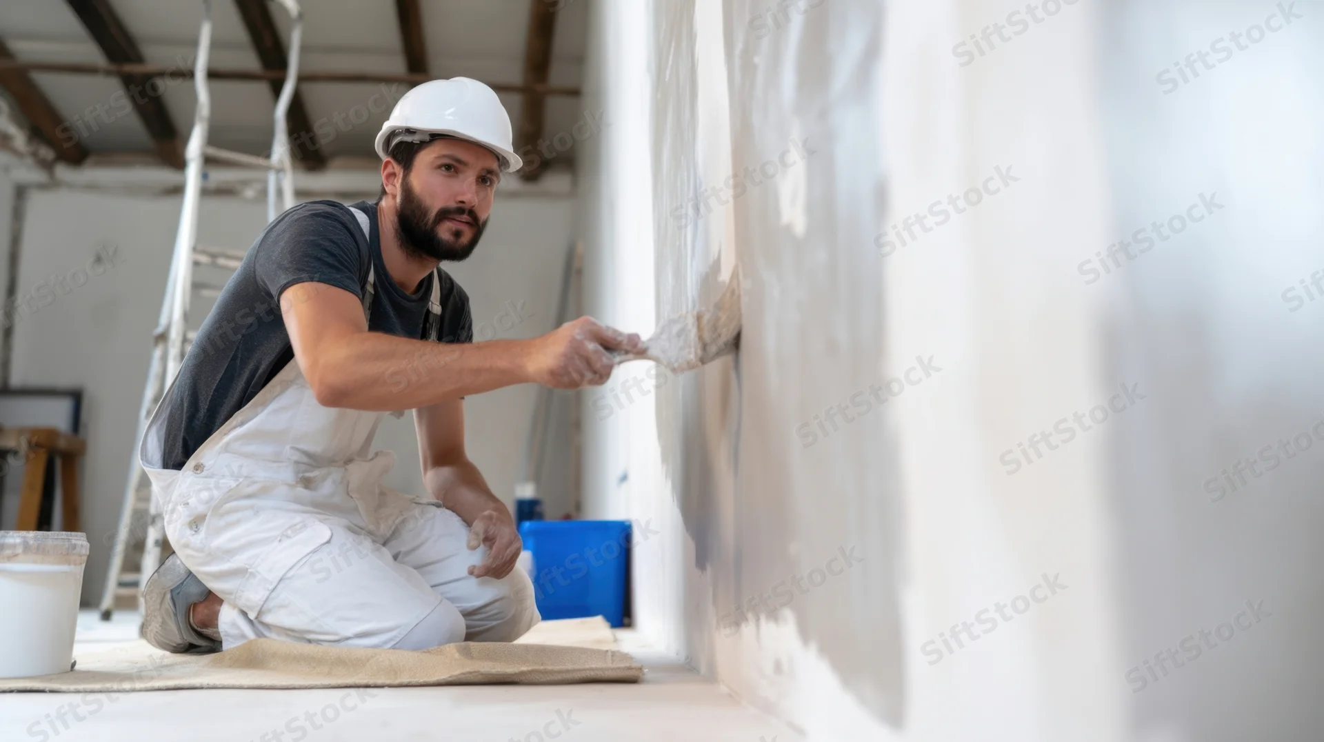 Man plastering a wall while kneeling in a renovation site