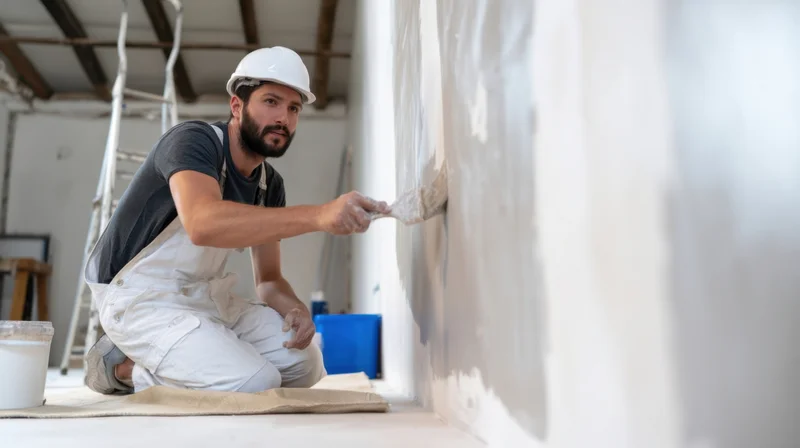 Man plastering a wall while kneeling in a renovation site