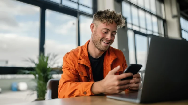 Young man smiling while using phone at desk with laptop in modern office