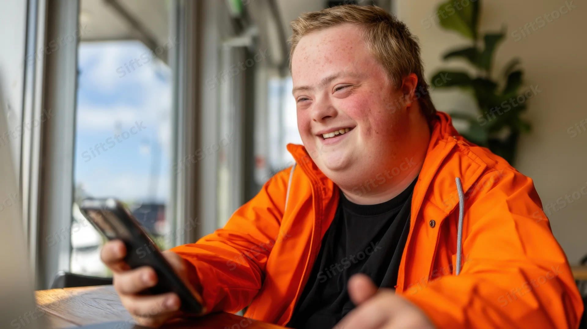 Young man with down syndrome smiling while using smartphone at cafe table near window