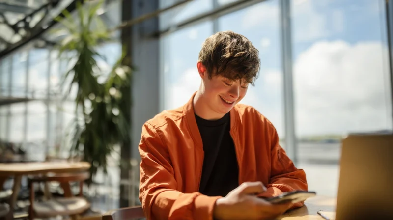 Young man smiling while using phone at desk in bright modern office space