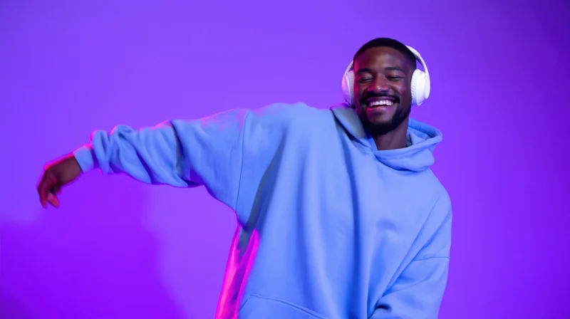 Young man smiling and dancing with headphones in a purple neon studio