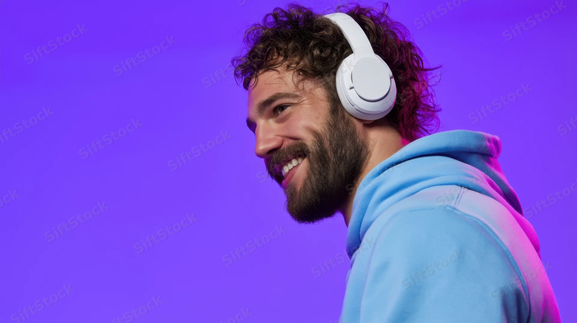 Young man smiling while wearing white headphones in a studio with purple lighting
